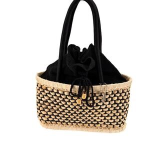 Vintage Y2K The Sak Straw Black Woven Drawstring Top Handbag